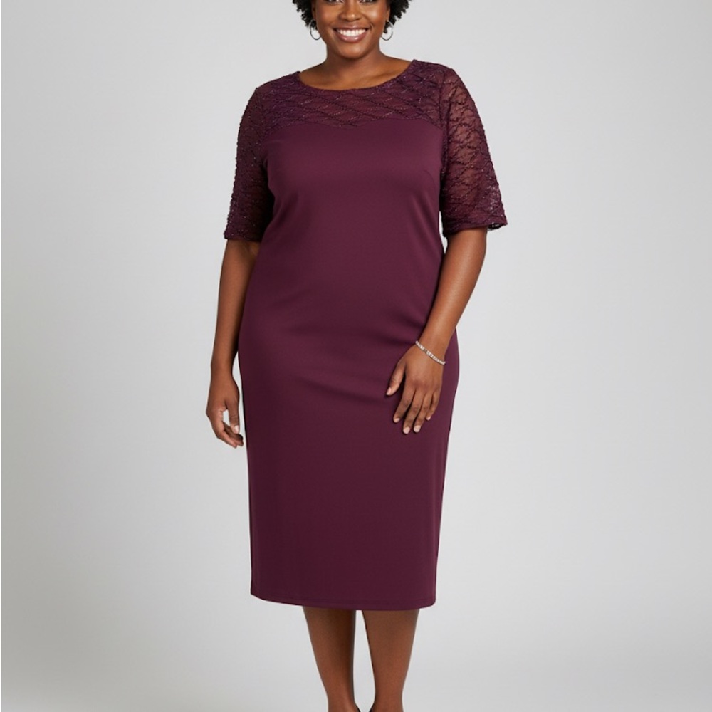 Nina Leonard Deep Purple Midi Dress with Lace Sleeves